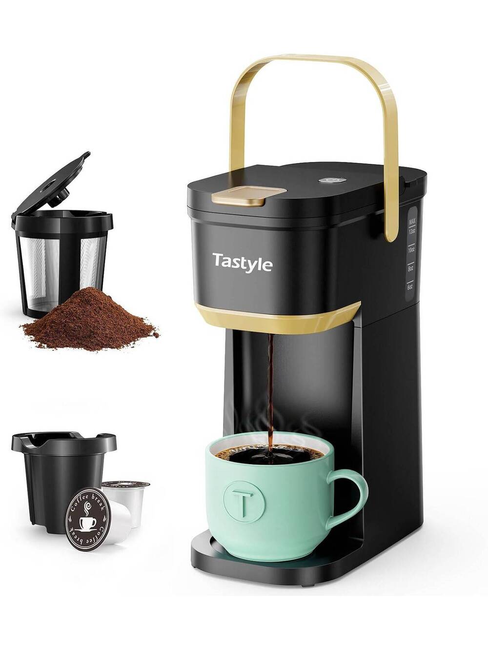 Mini Single Serve Coffee Maker for K Cups & Grounds with Handle